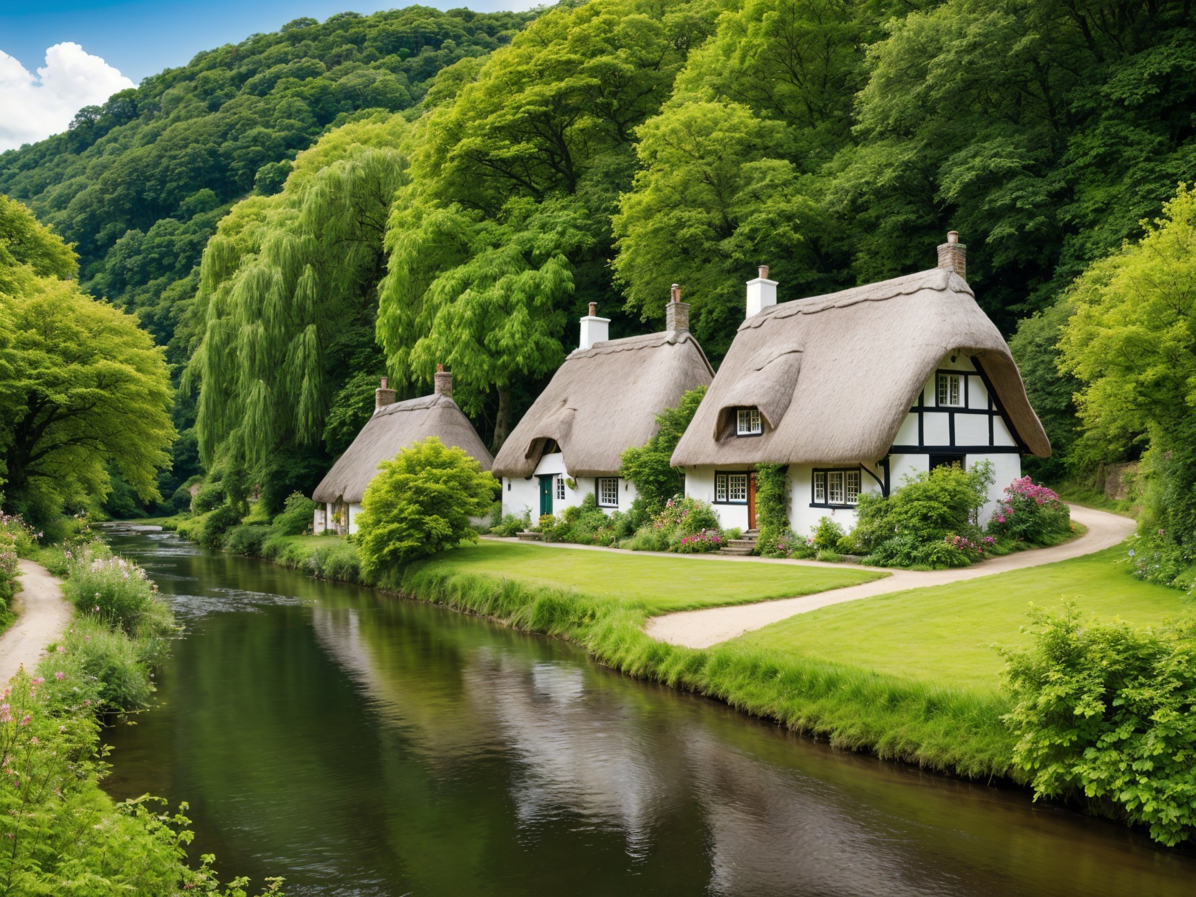 Charming Cottages by a Serene River in Lush Countryside