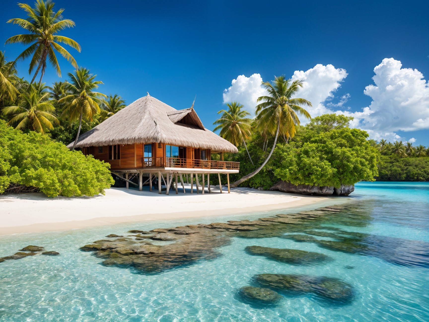 Tropical Overwater Bungalow by Sandy Beach and Palm Trees