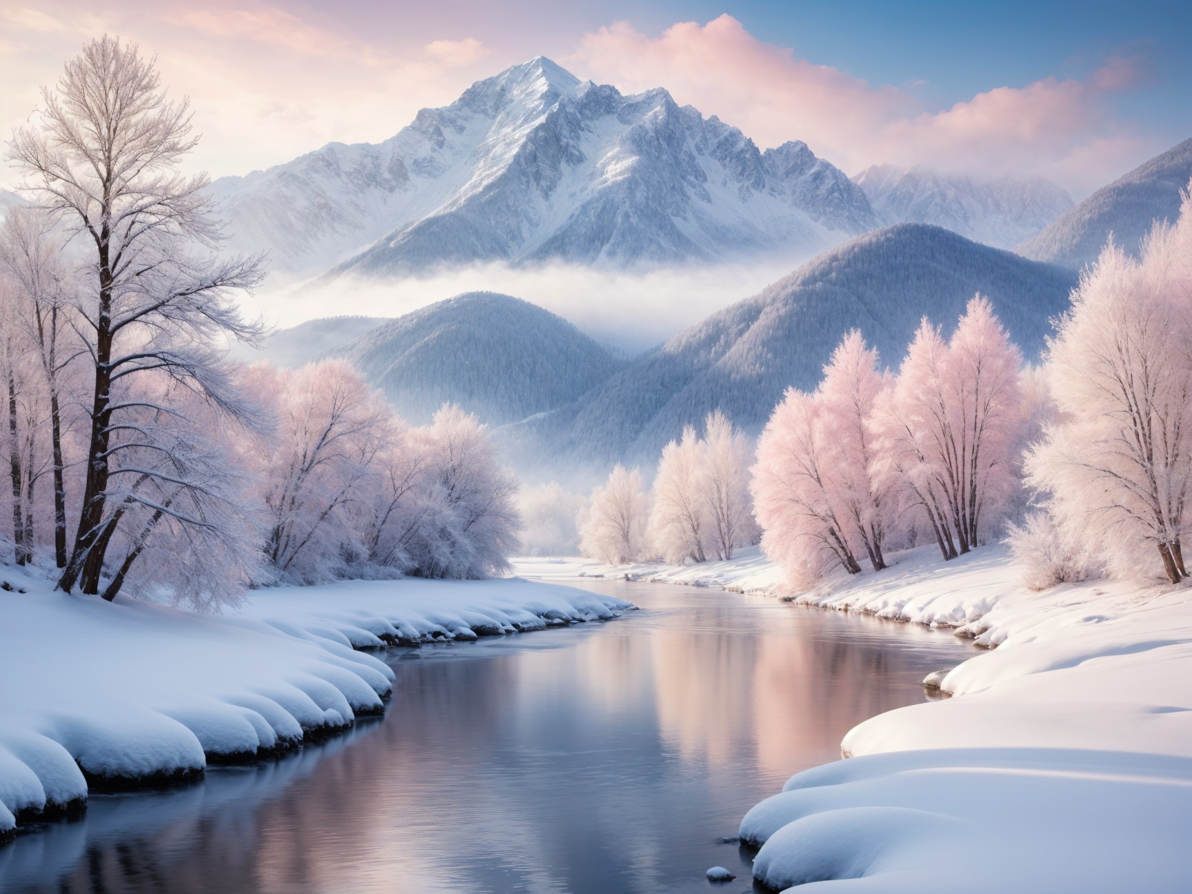 Serene Winter Landscape with River and Mountains