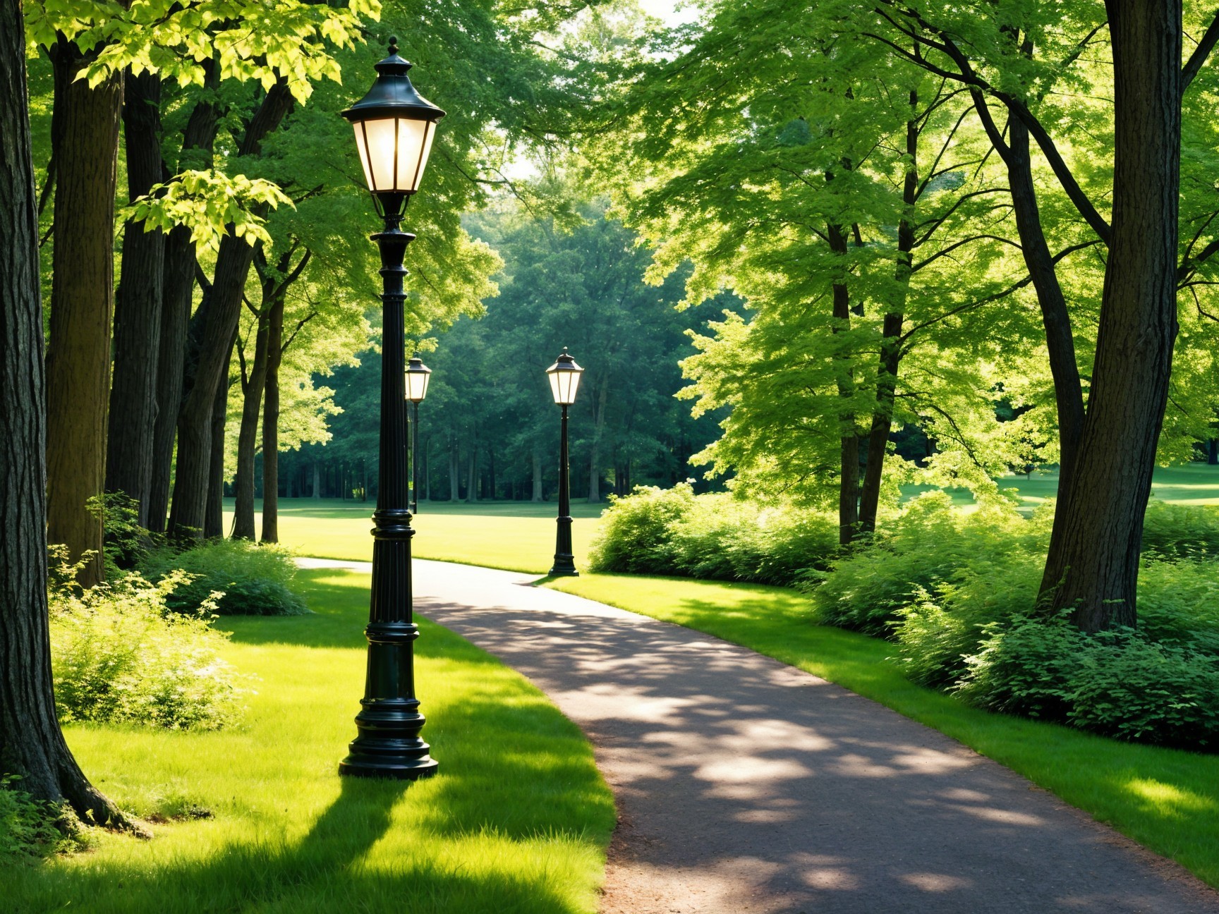 Serene Pathway in Lush Green Park with Lamp Posts