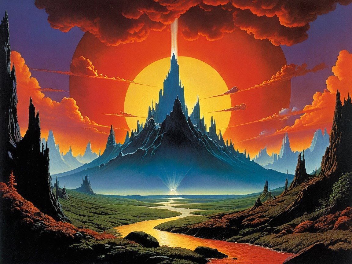 Vibrant Landscape with Black Mountain and Orange Sun