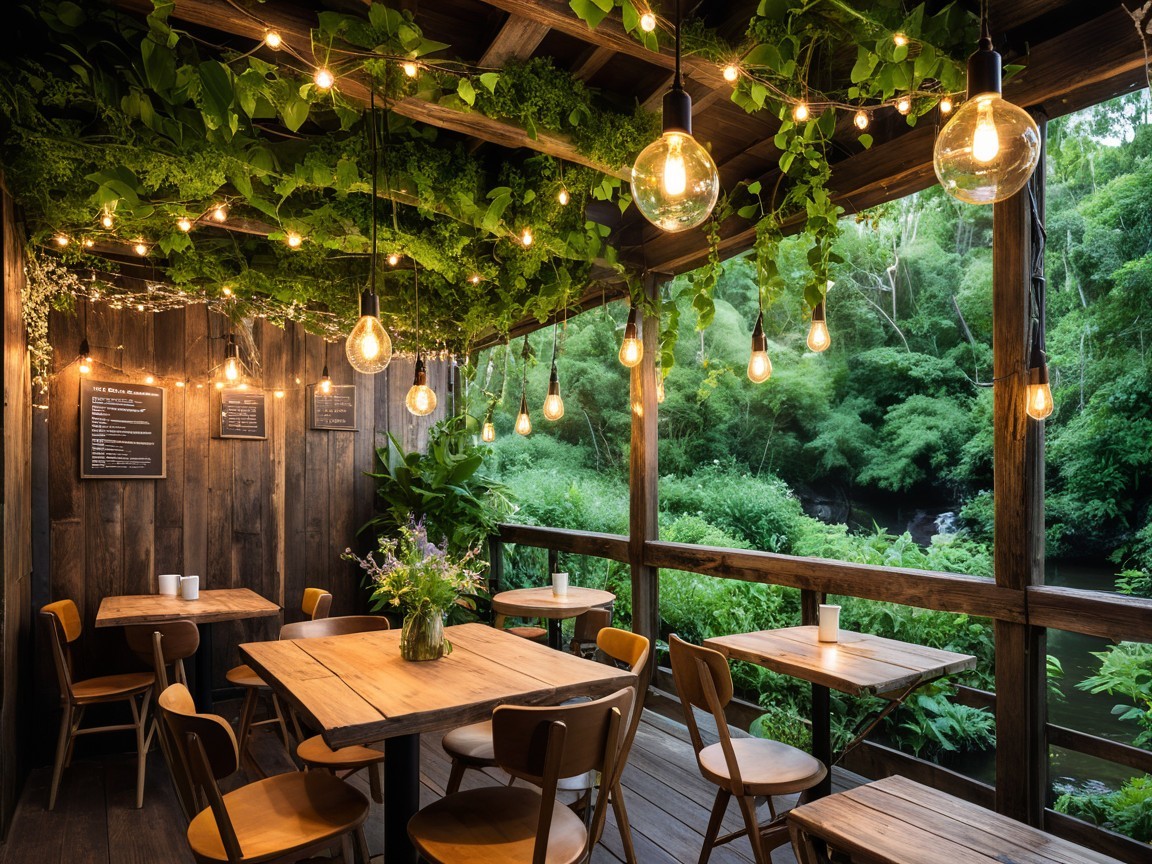 Cozy Dining Area with Wooden Furniture and Greenery