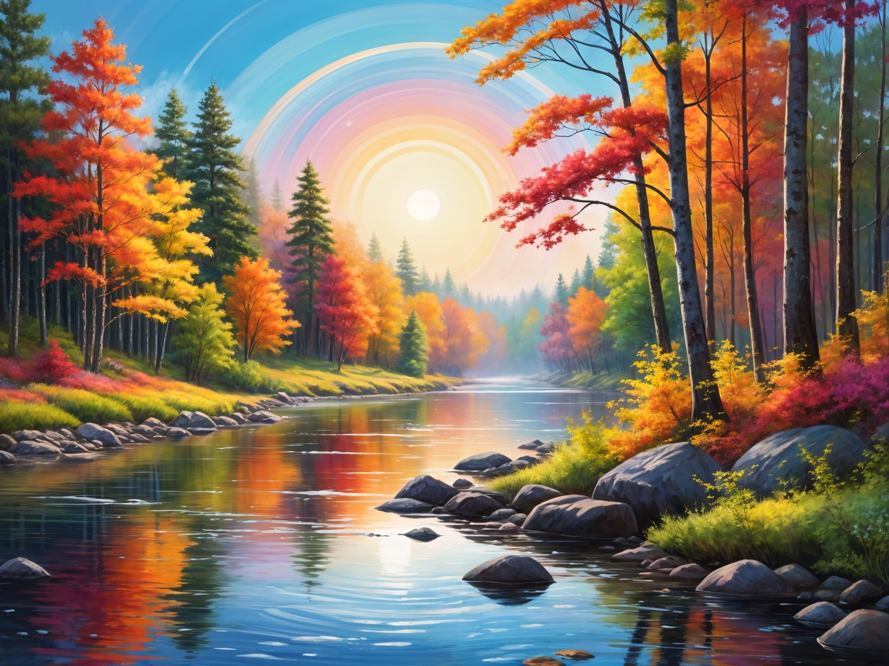 Tranquil River Surrounded by Vibrant Autumn Foliage