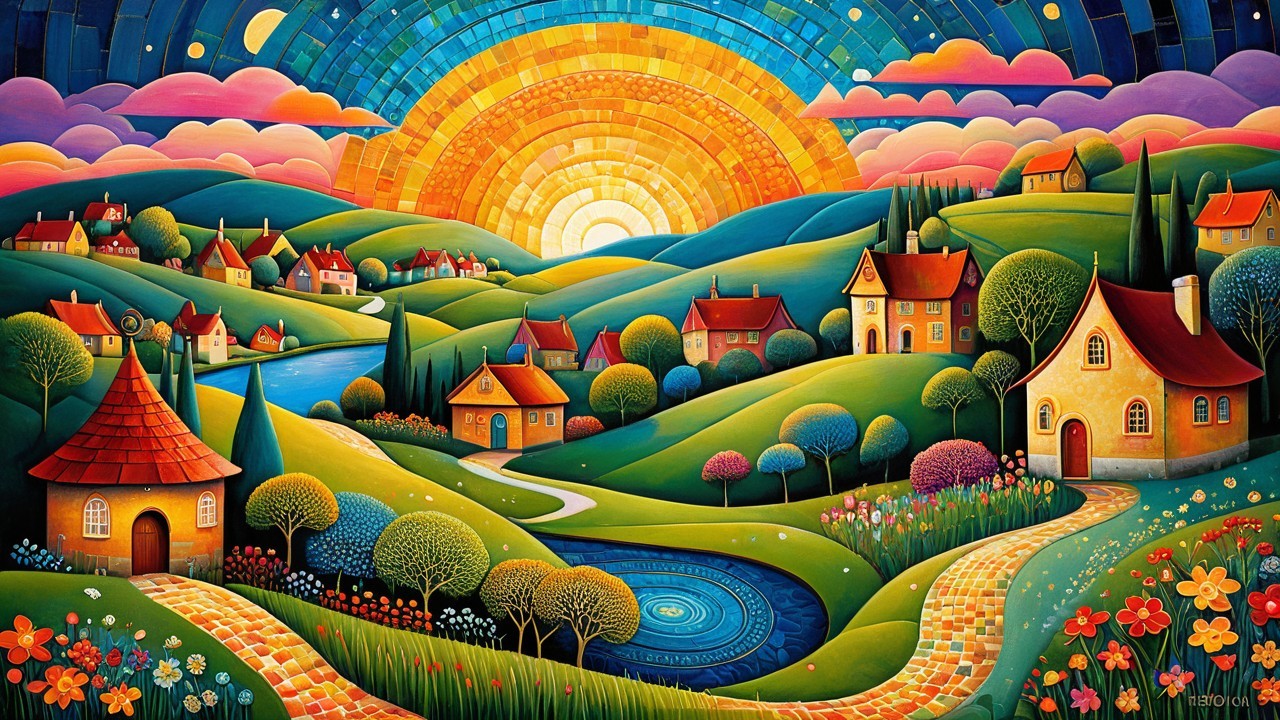 Vibrant Landscape with Hills, Homes, and Sunrise River