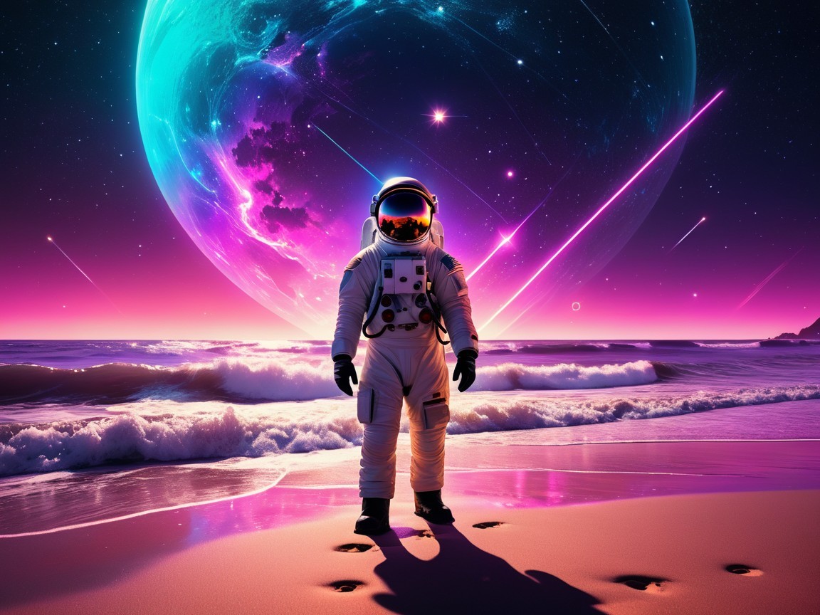 Astronaut on Beach with Cosmic Landscape and Galaxies