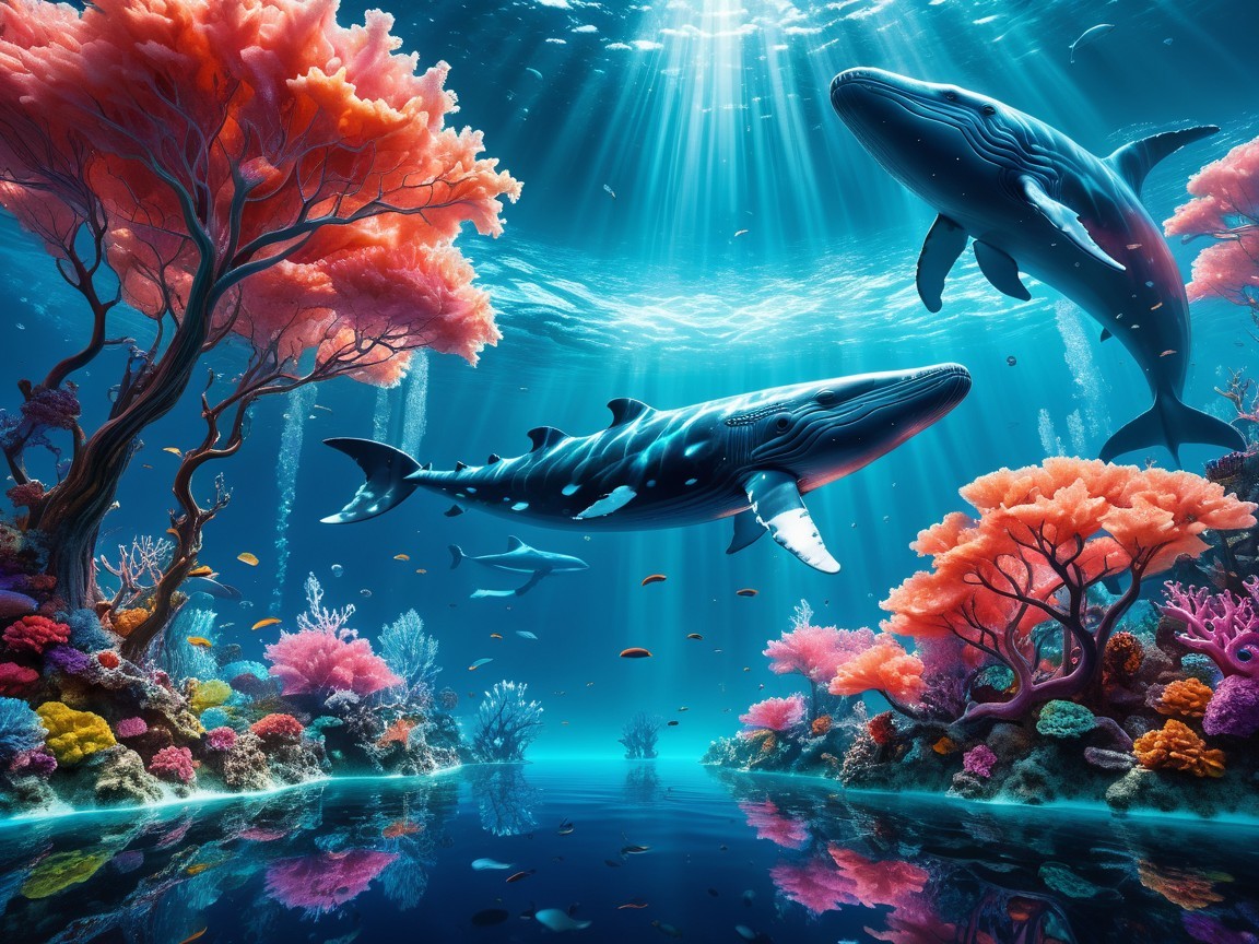 Underwater Scene with Blue Whales and Coral Reef