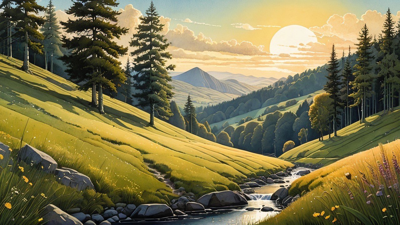 Serene Landscape of Green Hills and Gentle Stream