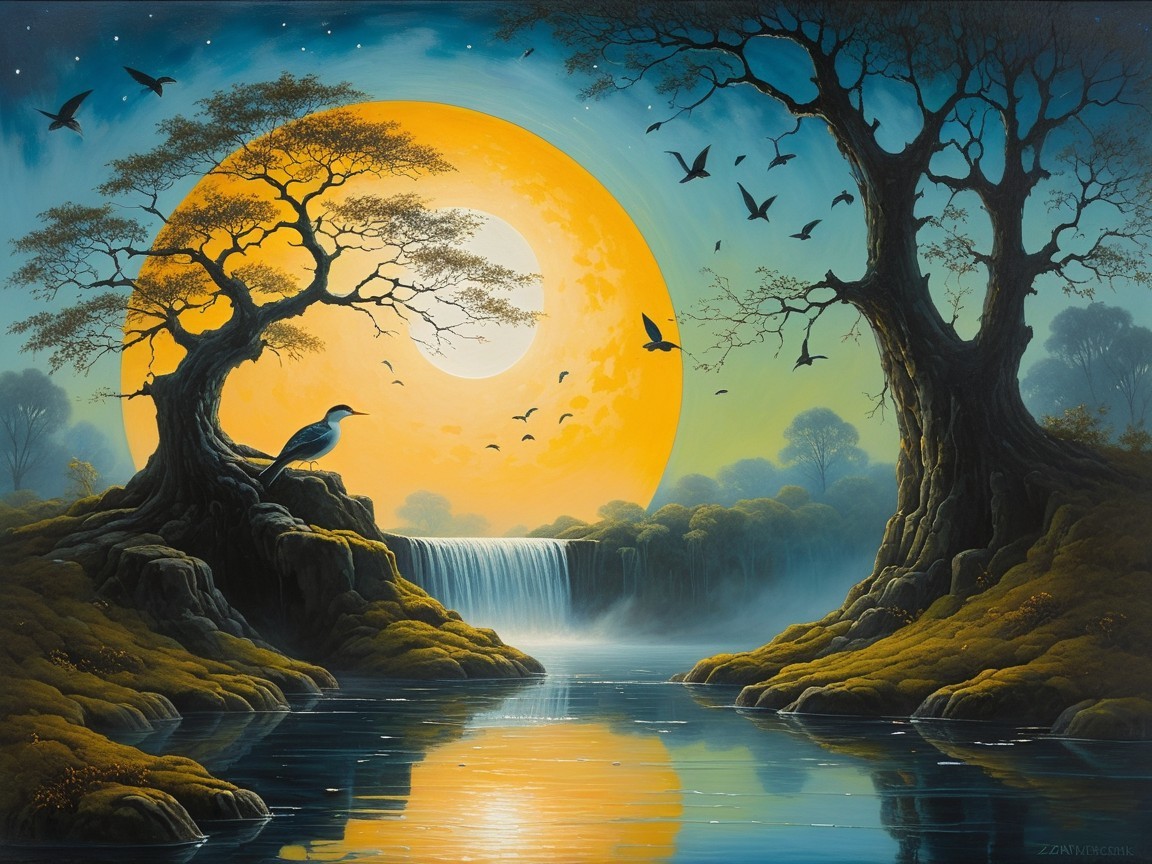 Serene Landscape with Moonlit River and Waterfall
