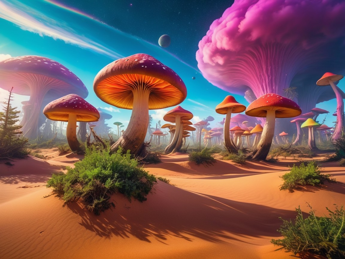 Fantastical Desert Landscape with Colorful Mushrooms