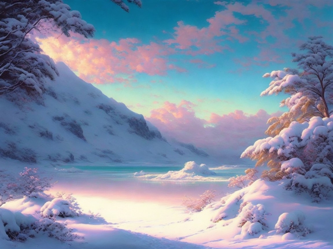 Serene Winter Landscape with Snow-Covered Hills