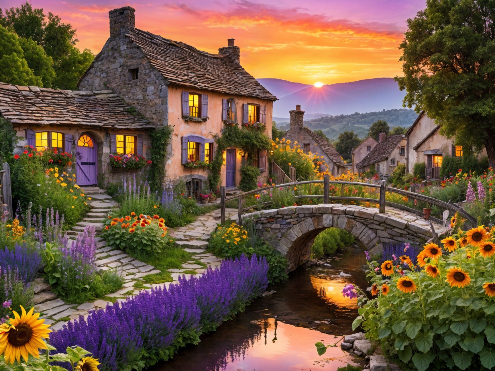 Picturesque Village Scene at Sunset with Cottages