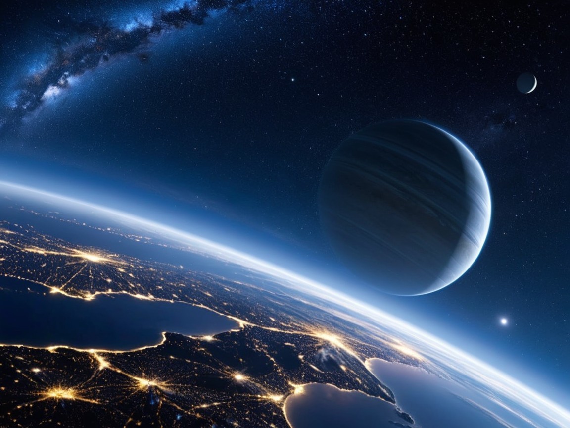 Distant Planet with Rings and Earth's Illuminated Continents