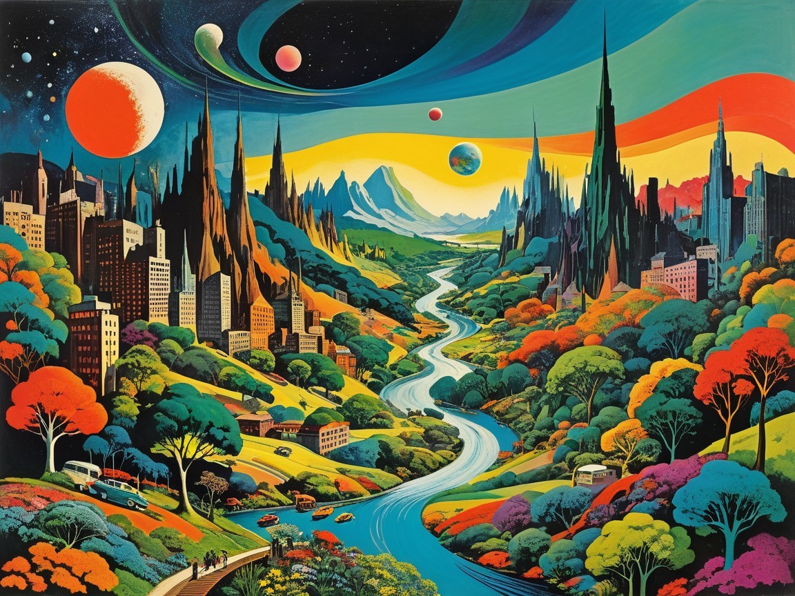 Surreal Colorful Landscape with Mountains and Cities