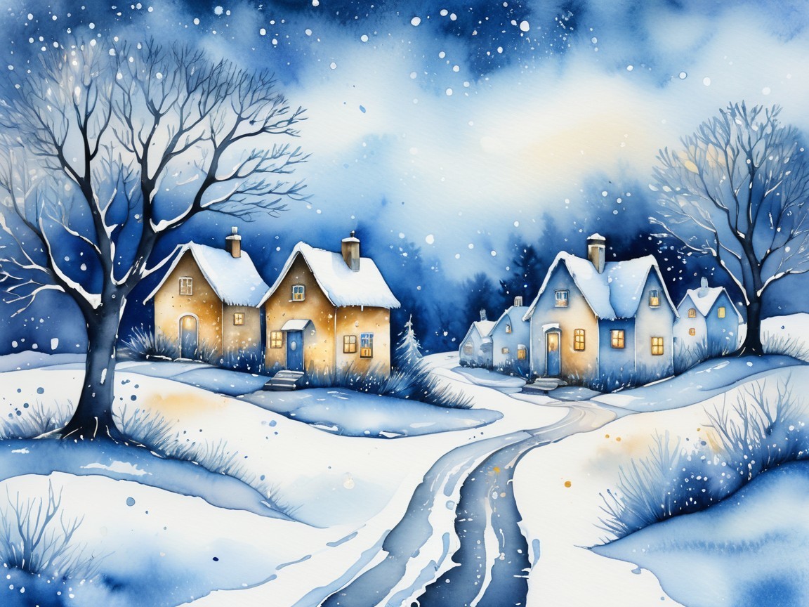 Winter Village Watercolor with Snowy Landscape and Light