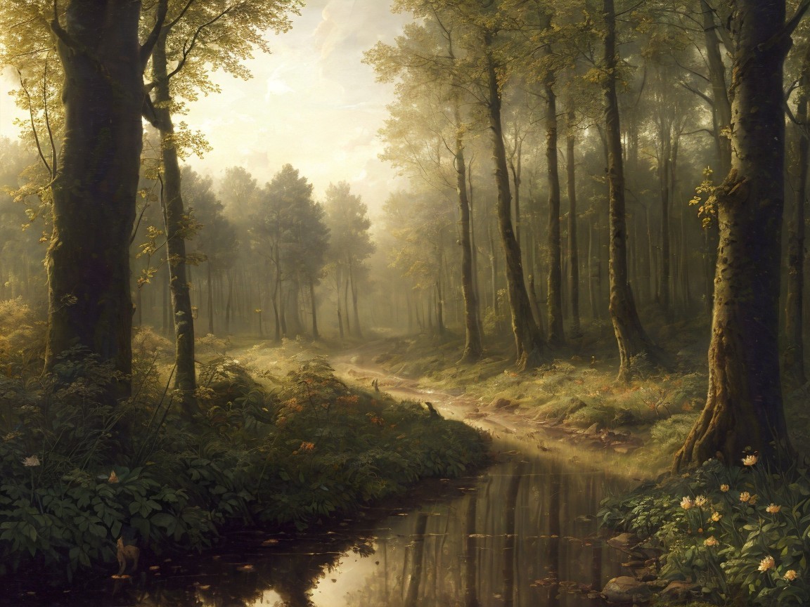 Serene Forest Landscape with Golden Light and Stream