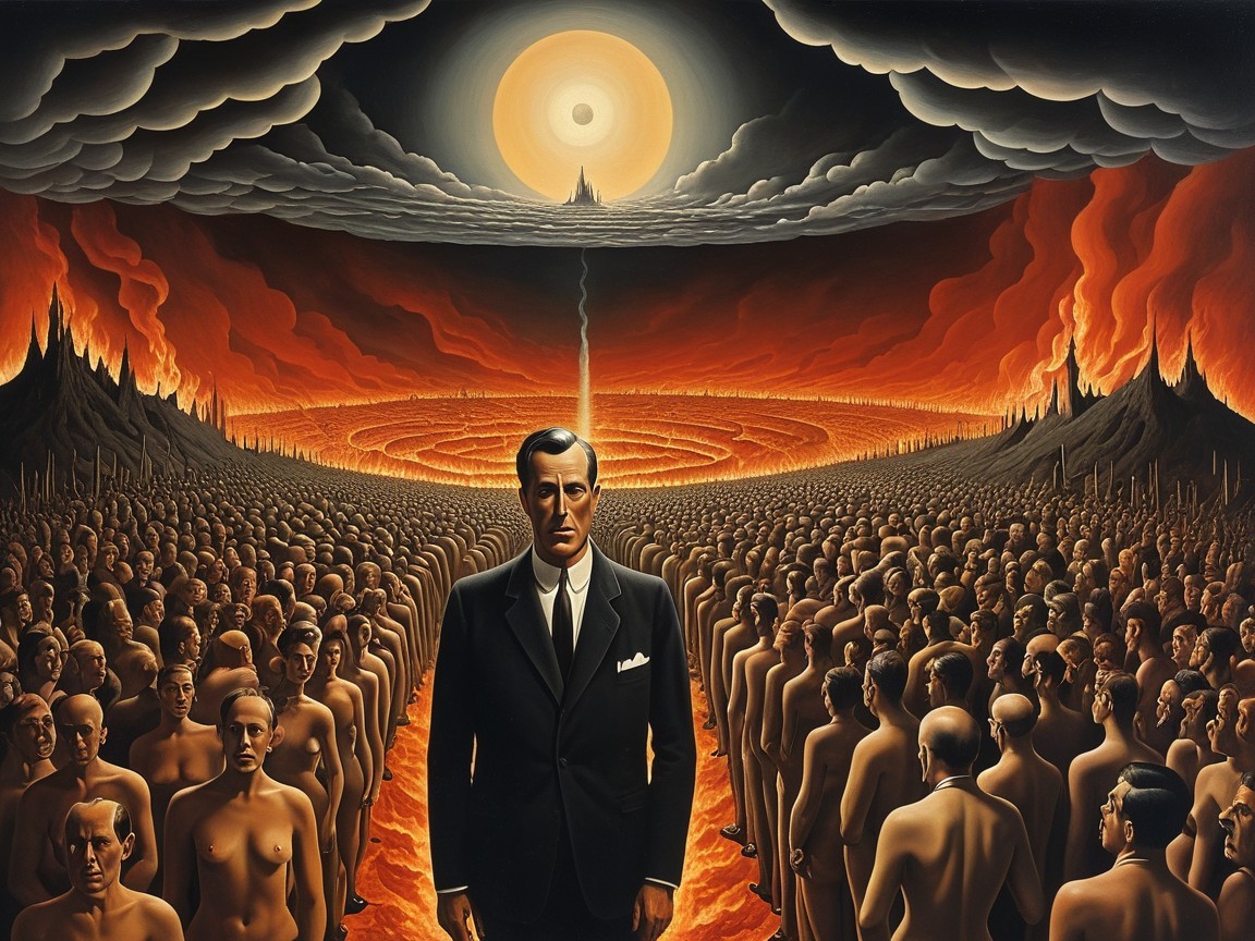 Surreal Landscape with Suited Man and Faceless Figures