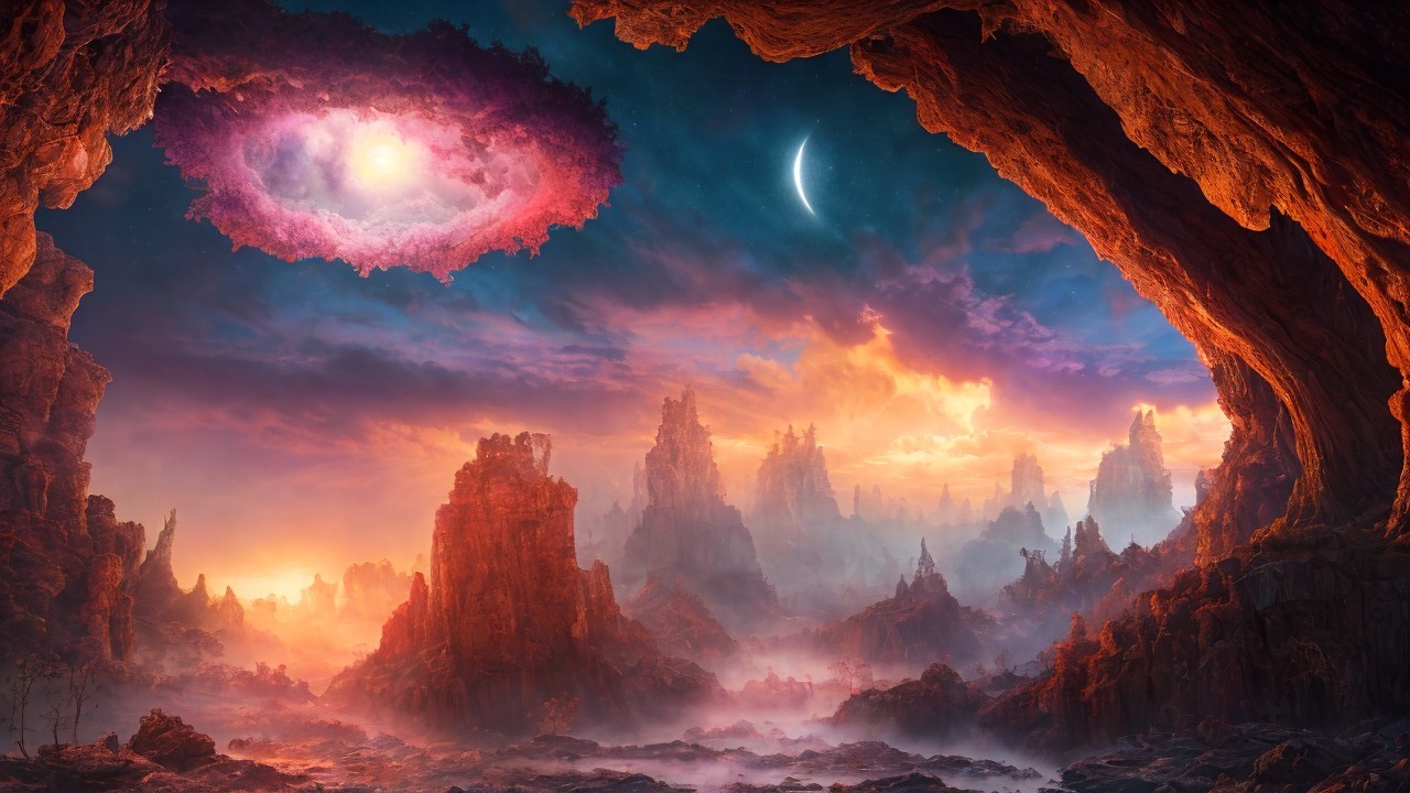 Surreal Cavern Landscape with Cosmic Elements