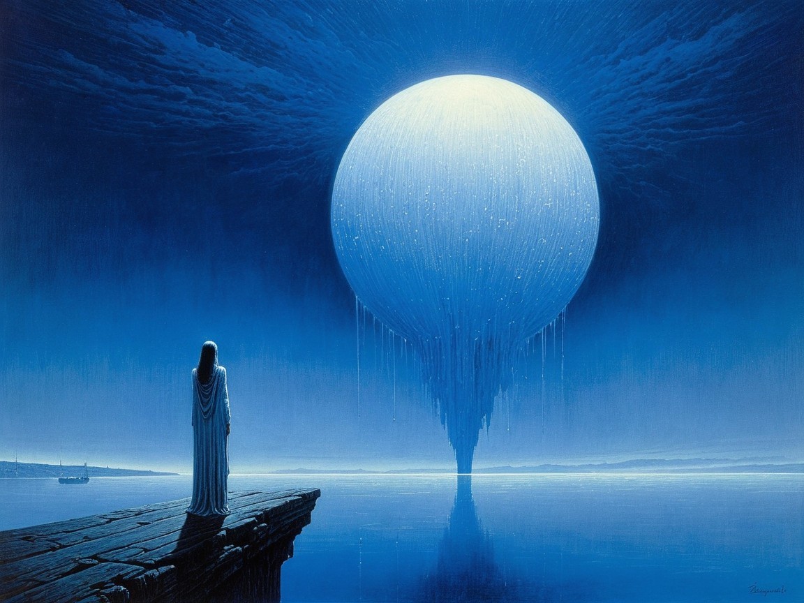 Serene figure on pier gazing at luminous sphere