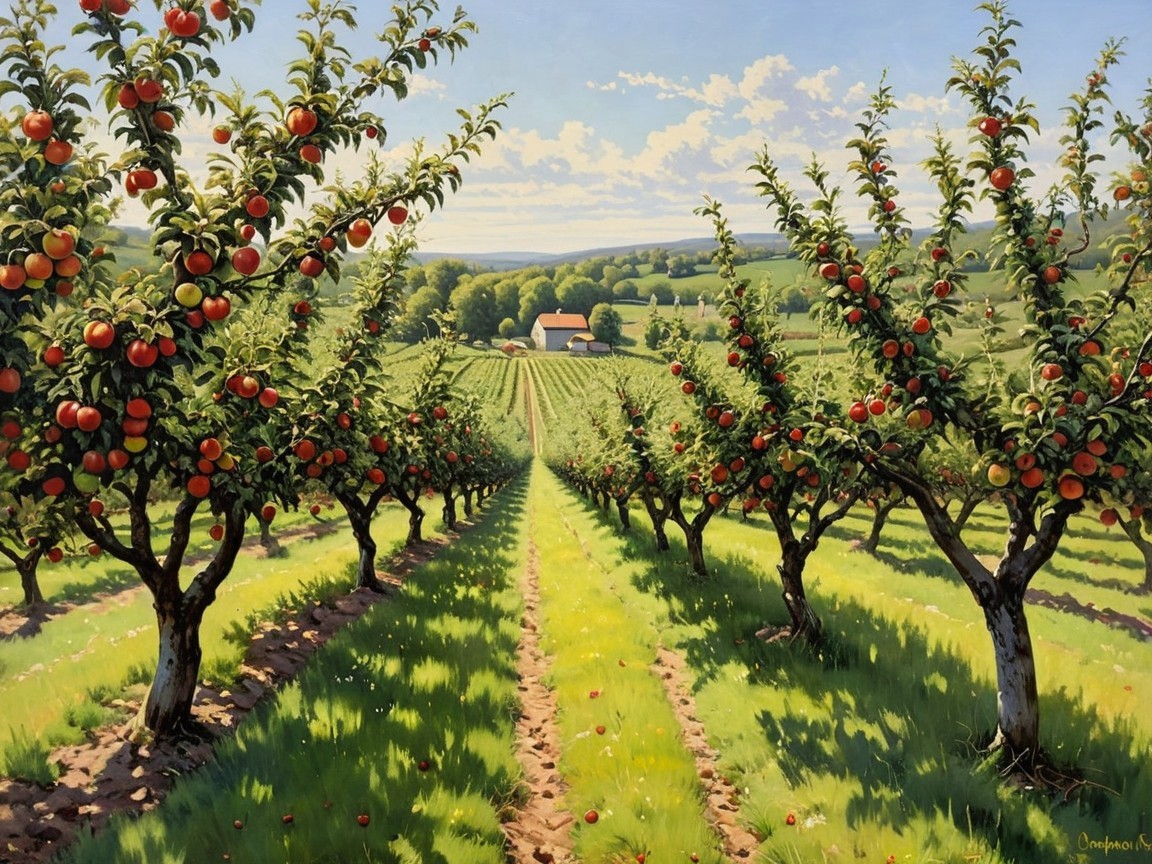 Orchard Landscape with Apple Trees and Farmhouse