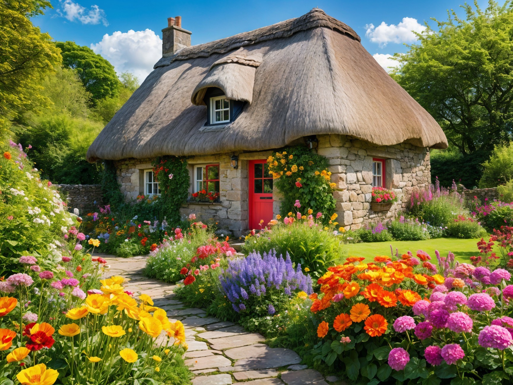 Thatched-Roof Cottage Surrounded by Colorful Garden