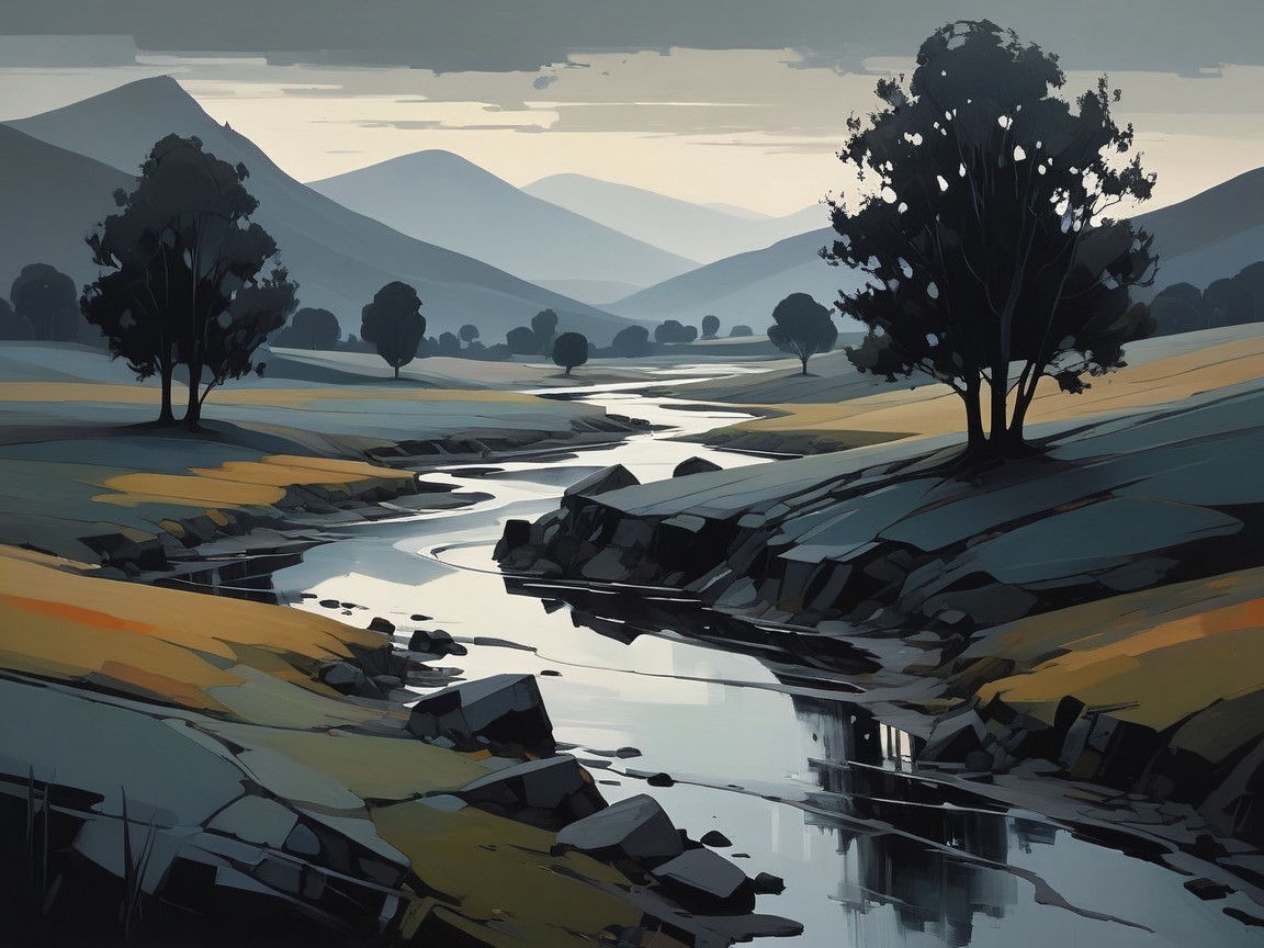 Serene Landscape with Winding River and Mountains