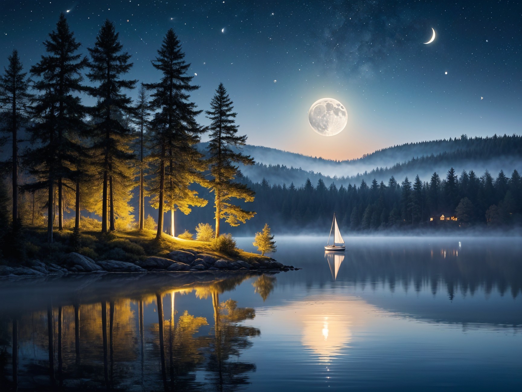 Twilight Lakeside Scene with Full Moon and Mist