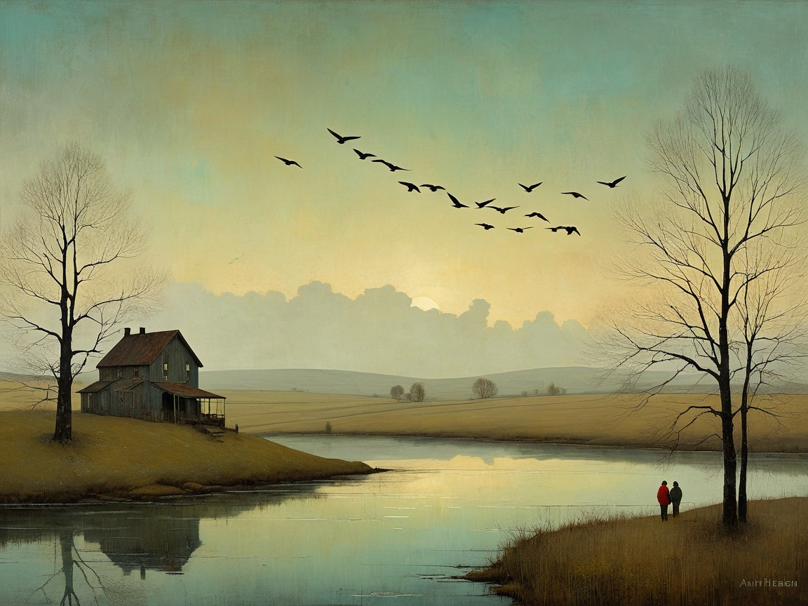 Tranquil Landscape with Rustic House by Serene River