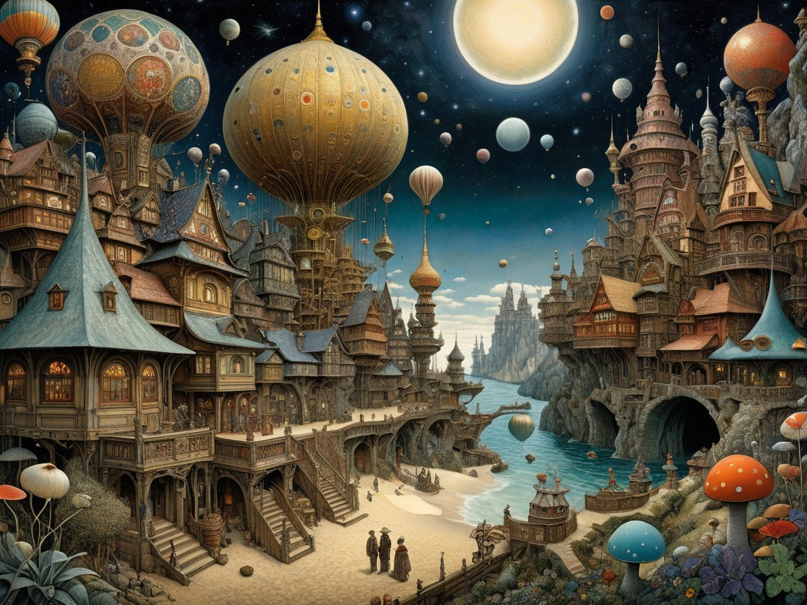 Whimsical Landscape with Colorful Architecture and Balloons