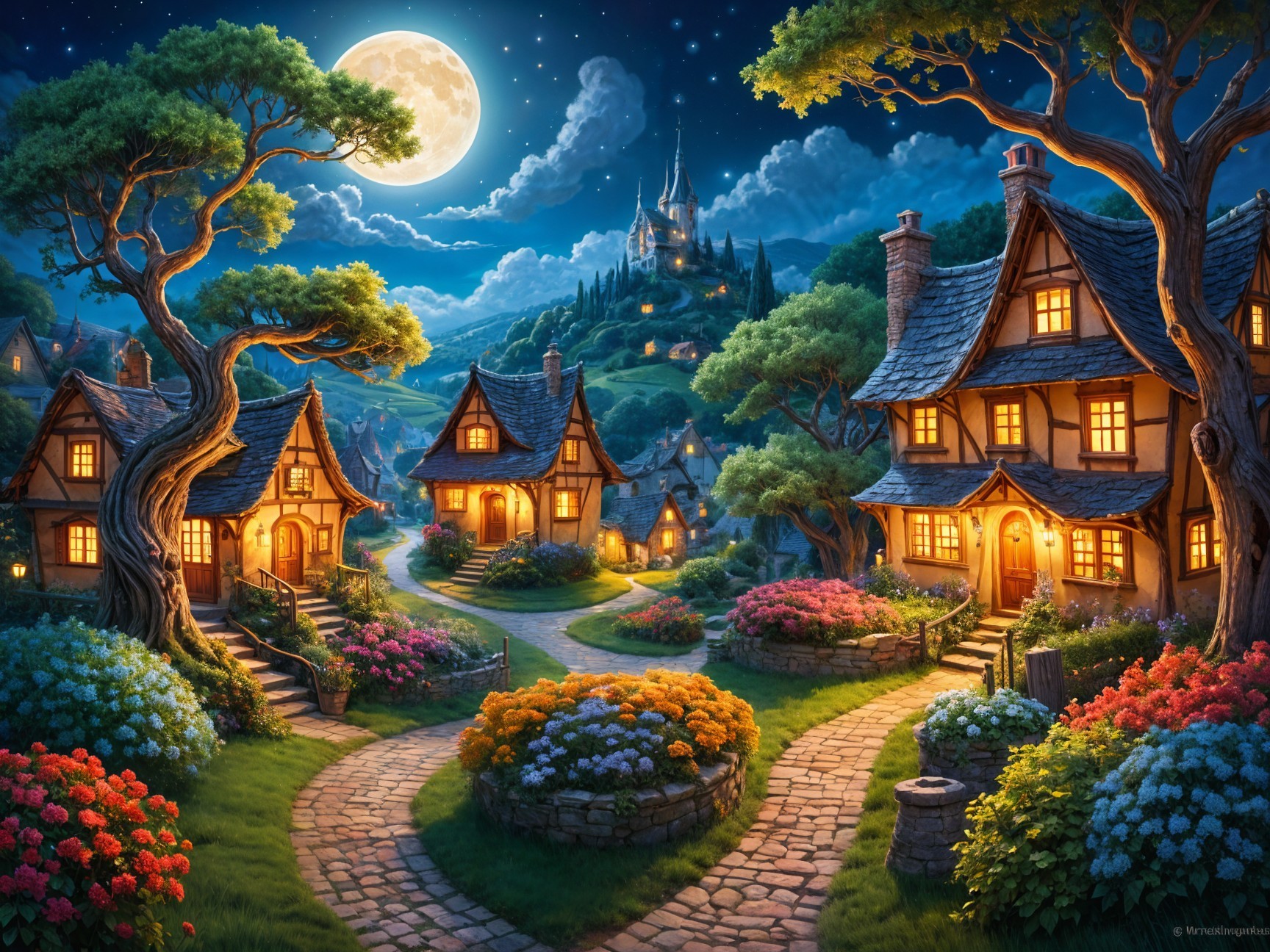 Tranquil Village Scene Under a Bright Full Moon