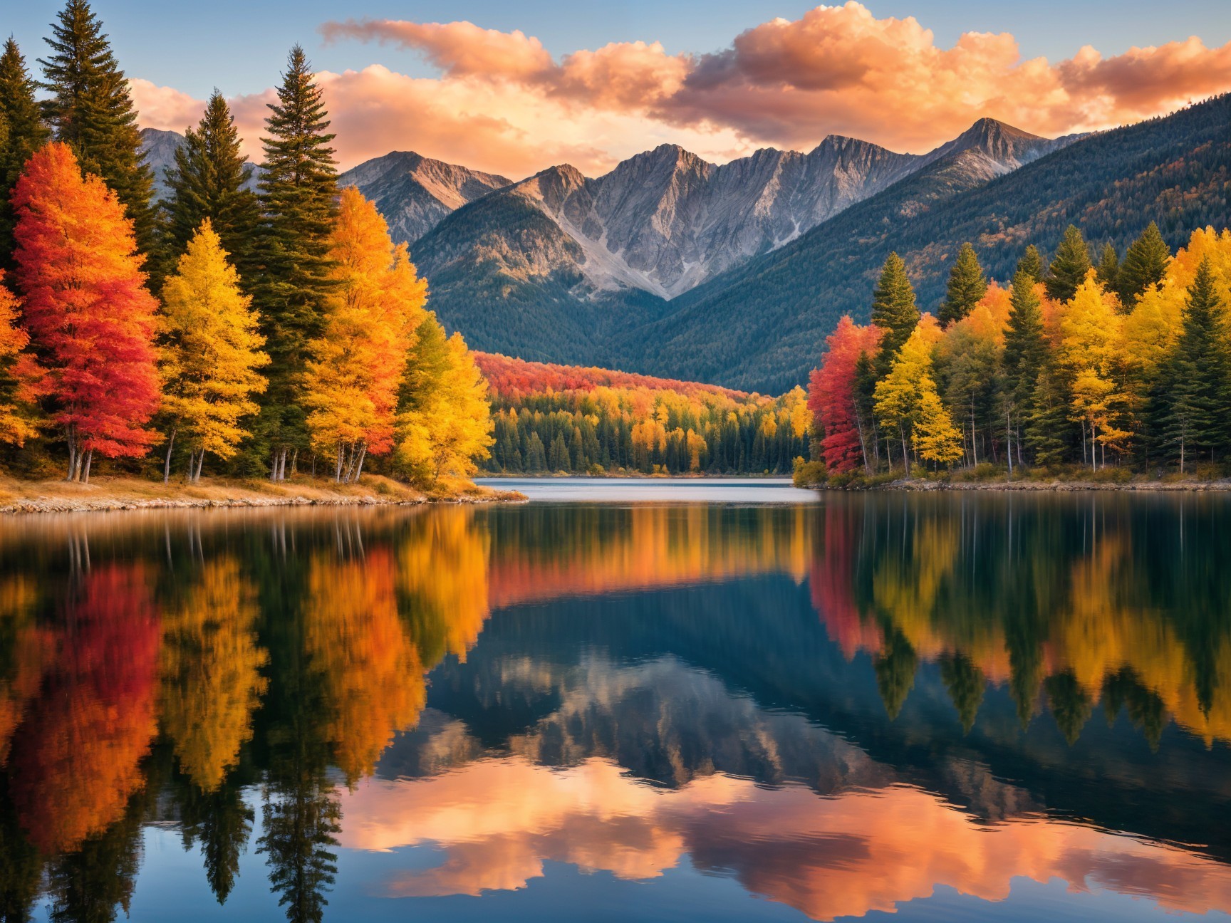 Tranquil Lake Surrounded by Autumn Foliage and Mountains