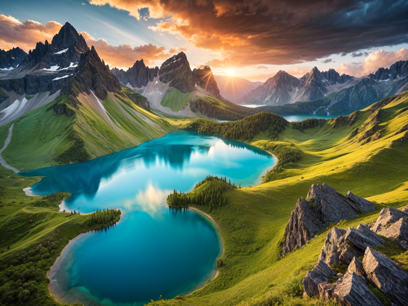 Serene Turquoise Lake Surrounded by Mountains and Meadows