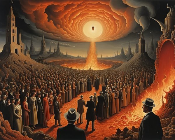 Surreal Dystopian Landscape with Ominous Crowd