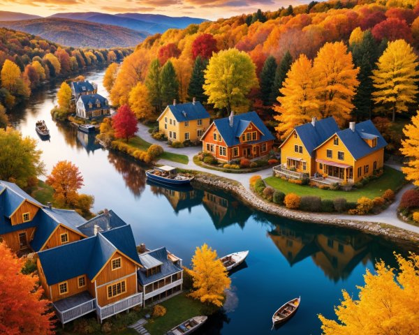 Serene River Scene with Autumn Landscape and Houses