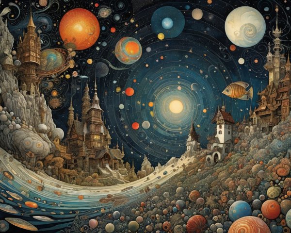 Surreal Fantasy Landscape with Cosmic Elements