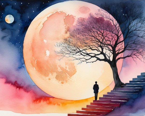 Serene landscape with glowing moon and starry sky
