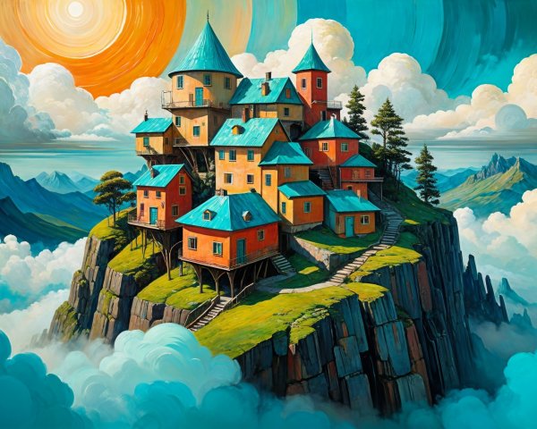 Colorful Houses on Rocky Cliff with Majestic Mountains