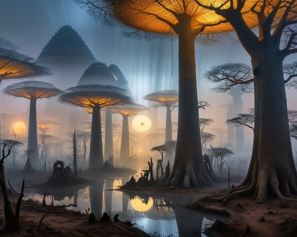 Mystical landscape with baobab trees and foggy ambiance