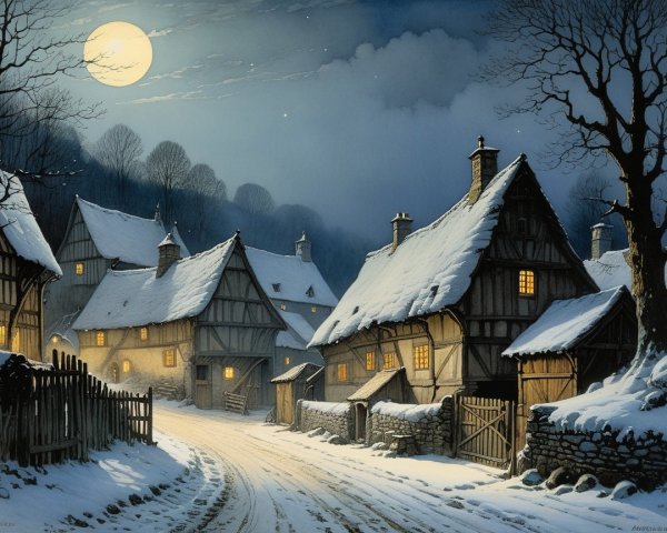 Winter Village Scene Under Full Moonlight
