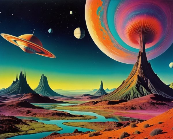 Vibrant Alien Planet with Colorful Rings and Moons