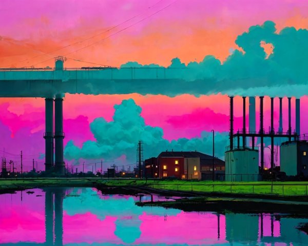Vibrant Industrial Landscape with Dramatic Sky and Water