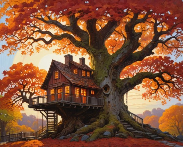 Whimsical Treehouse in an Autumn-Colored Tree