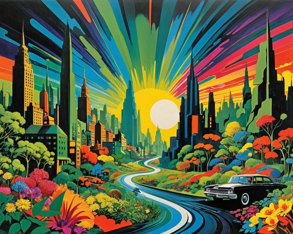 Vibrant Cityscape with Colorful Skyscrapers and Nature