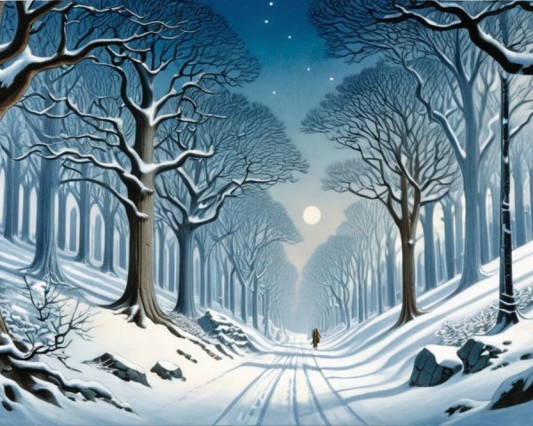 Snowy Winter Forest Scene with Moonlit Horizon