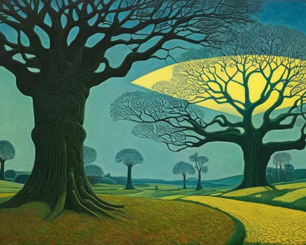 Surreal Landscape with Twisted Trees and Yellow Sky