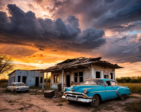 Abandoned Vintage Cars in a Desolate Landscape