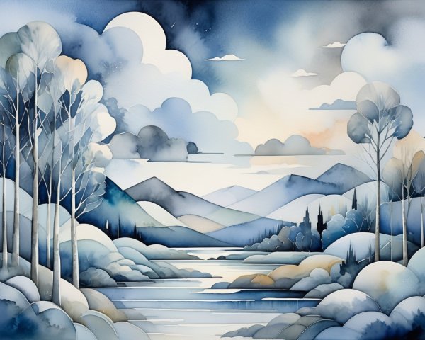 Serene landscape with trees, hills, and mountains