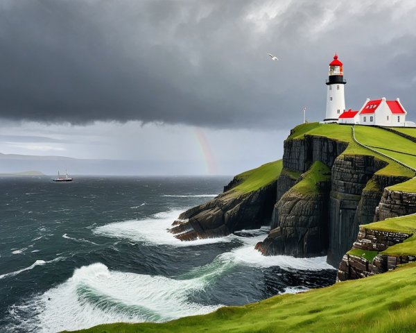 Lighthouse on Cliff with Stormy Sky and Rainbow