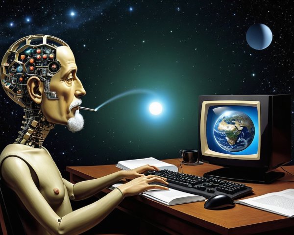 Humanoid Robot Typing at Desk with Cosmic Background