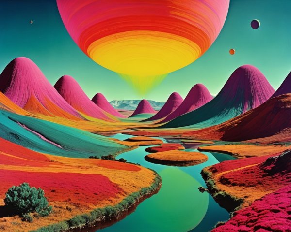 Psychedelic Landscape with Colorful Hills and Sky