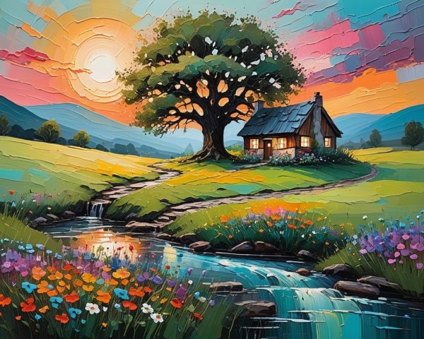Cozy Cottage by Stream in Serene Sunset Landscape